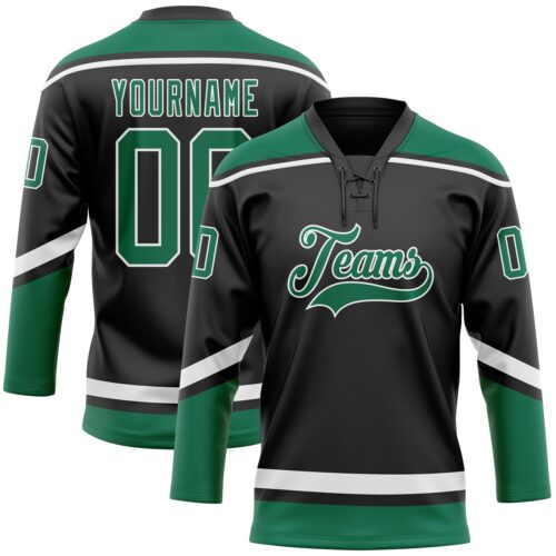 Black1625 Custom Black White-Kelly Green Hockey Lace Neck Jersey