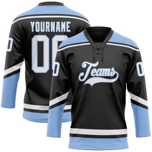 Black1626_a855fdaf-1adc-45bc-b34c-9398c3594ca7 Custom Black White-Light Blue Hockey Lace Neck Jersey