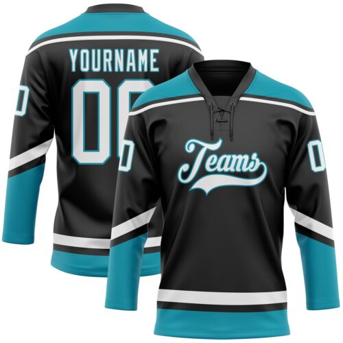 Black1628_b451f88f-377b-441d-81c8-4fd0d389f6d1 Custom Black White-Teal Hockey Lace Neck Jersey