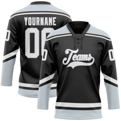 Black1638_523f0391-8b22-4b57-8ae3-2ac98afff0c2 Custom Black White-Silver Hockey Lace Neck Jersey