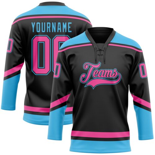 Black1668_fe8780f9-e461-4098-9693-0358b31a209f Custom Black Pink-Sky Blue Hockey Lace Neck Jersey