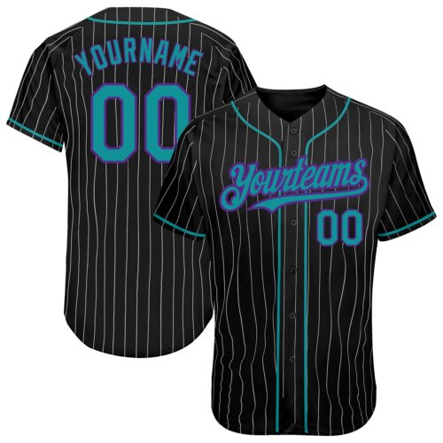 Black1671 Custom Black White Pinstripe Teal-Purple Authentic Baseball Jersey