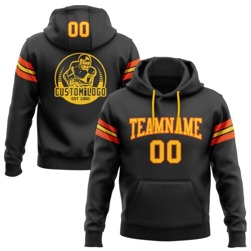 Black1741 Custom Stitched Black Yellow-Orange Football Pullover Sweatshirt Hoodie