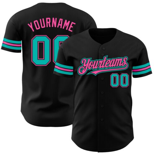 Black1790 Custom Black Aqua-Pink Authentic Baseball Jersey
