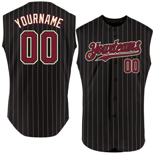 Black1850 Custom Black Cream Pinstripe Crimson Authentic Sleeveless Baseball Jersey