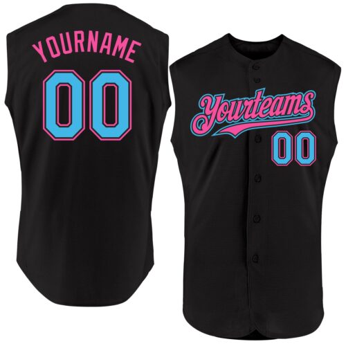 Black1865 Custom Black Sky Blue-Pink Authentic Sleeveless Baseball Jersey