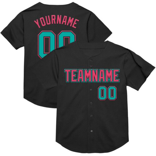 Black2194 Custom Black Aqua-Neon Pink Mesh Authentic Throwback Baseball Jersey