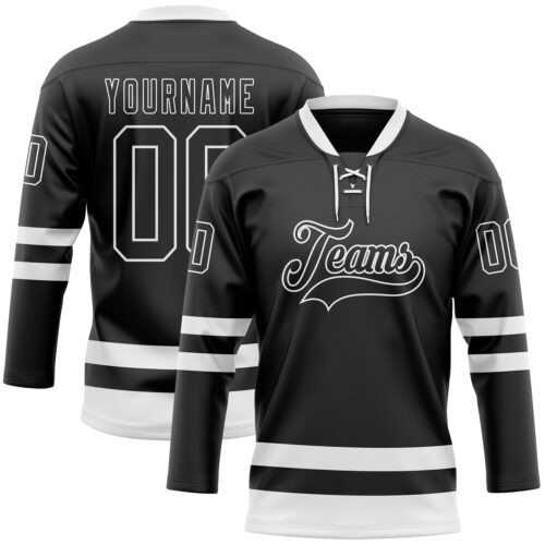 Black2292 Custom Black White Hockey Lace Neck Jersey
