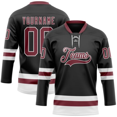 Black2327 Custom Black Burgundy-White Hockey Lace Neck Jersey