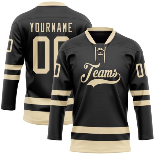 Black2360 Custom Black Cream Hockey Lace Neck Jersey