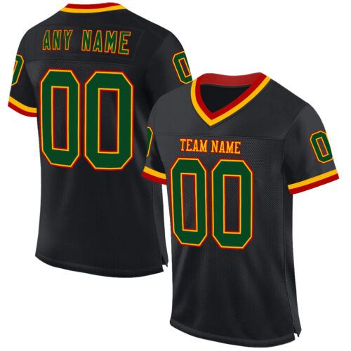 Black2369 Custom Black Green Gold-Red Mesh Authentic Throwback Football Jersey