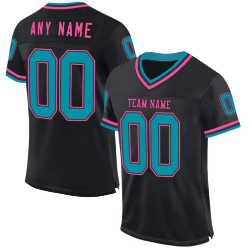 Black2379 Custom Black Teal-Pink Mesh Authentic Throwback Football Jersey