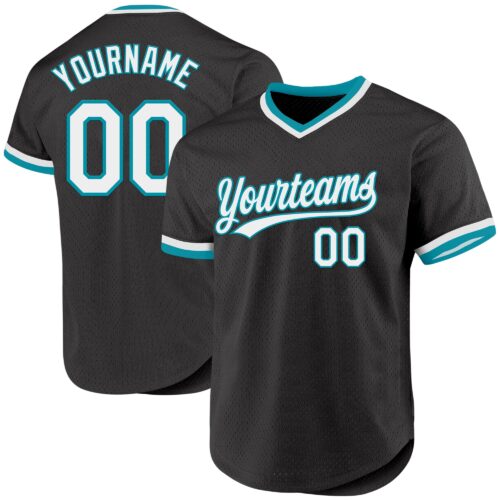 Black2390 Custom Black White-Teal Authentic Throwback Baseball Jersey