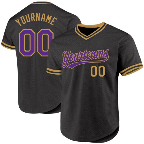 Black2406 Custom Black Purple-Old Gold Authentic Throwback Baseball Jersey