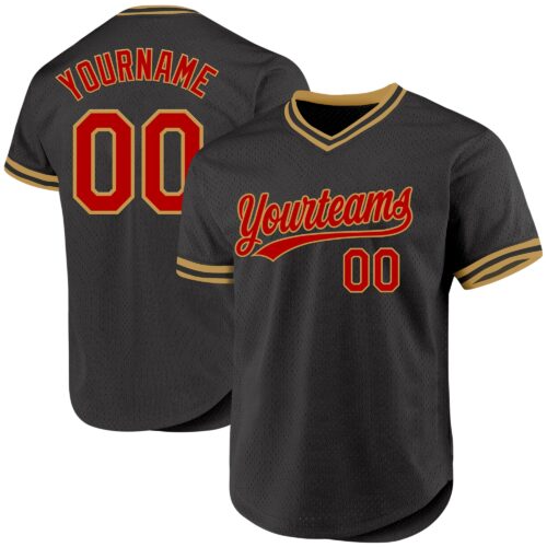 Black2408 Custom Black Red-Old Gold Authentic Throwback Baseball Jersey