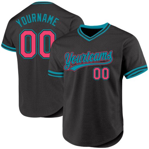 Black2420 Custom Black Neon Pink-Teal Authentic Throwback Baseball Jersey