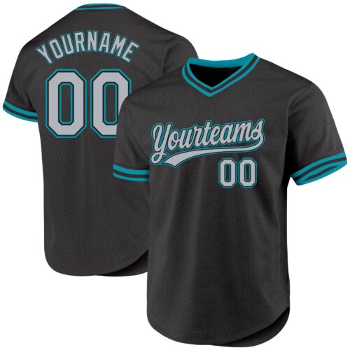Black2421 Custom Black Gray-Teal Authentic Throwback Baseball Jersey