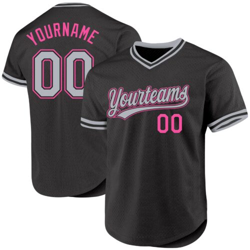 Black2427 Custom Black Gray-Pink Authentic Throwback Baseball Jersey