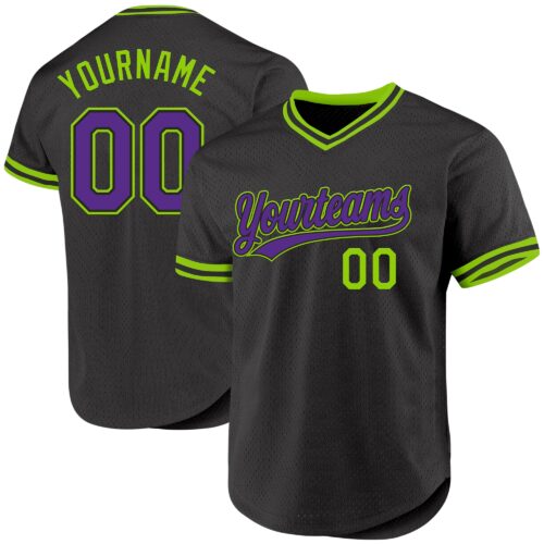 Black2431 Custom Black Purple-Neon Green Authentic Throwback Baseball Jersey