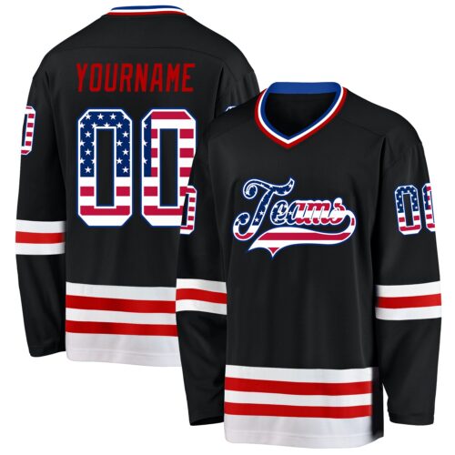 Black2495 Custom Black USA Flag Royal-Red Hockey Jersey