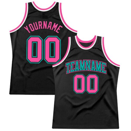 Black2790 Custom Black Pink Aqua-White Authentic Throwback Basketball Jersey