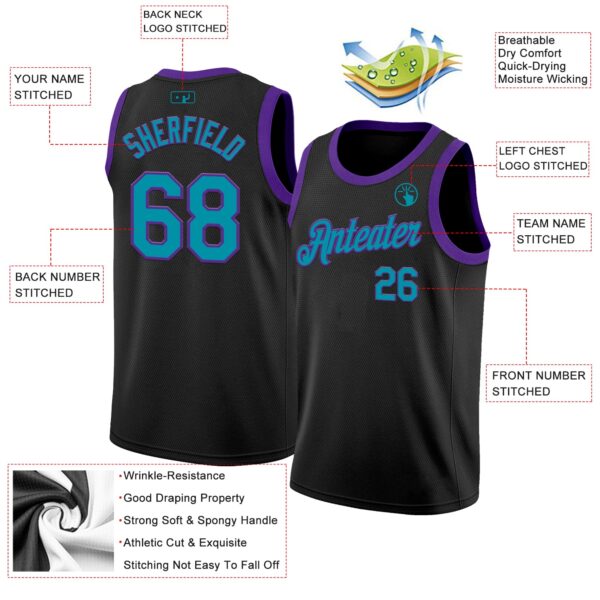 Custom Black Teal-Purple Authentic Basketball Jersey