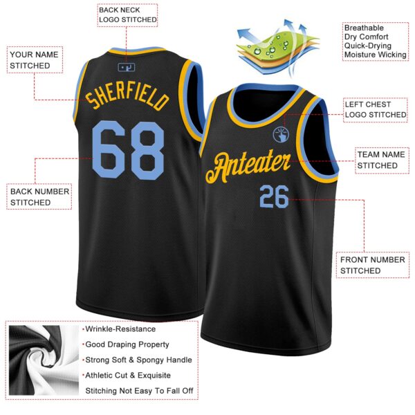 Custom Black Light Blue-Gold Authentic Basketball Jersey