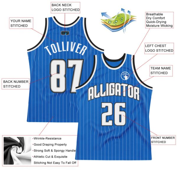 Custom Blue White Pinstripe White-Black Authentic Basketball Jersey