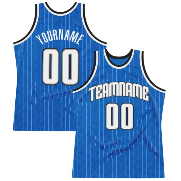 Custom Blue White Pinstripe White-Black Authentic Basketball Jersey