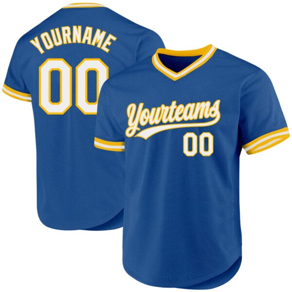 Custom Blue White-Gold Authentic Throwback Baseball Jersey