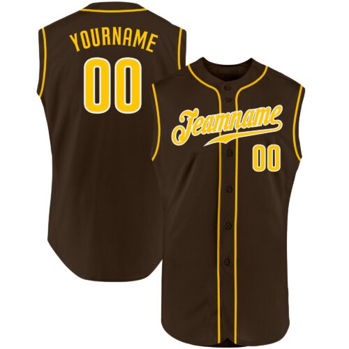Brown0087 Custom Brown Gold-White Authentic Sleeveless Baseball Jersey