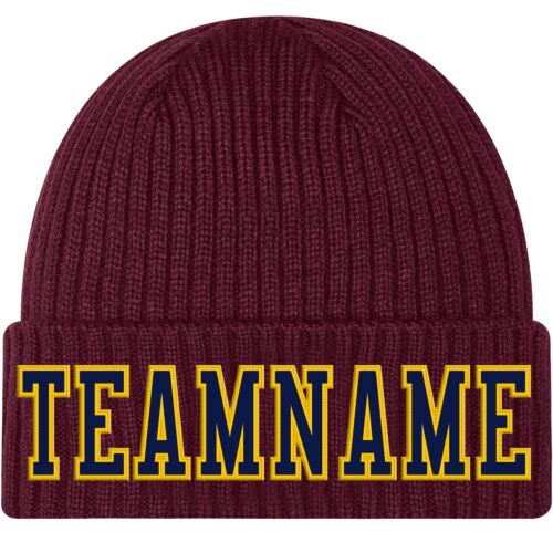 Burgundy0061 Custom Burgundy Navy-Gold Stitched Cuffed Knit Hat