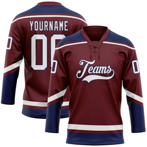 Burgundy0110 Custom Burgundy White-Navy Hockey Lace Neck Jersey