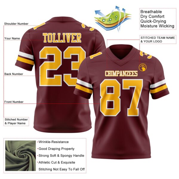 Custom Burgundy Gold-White Authentic Football Jersey