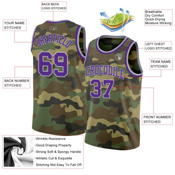 Custom Camo Purple-Gray Authentic Salute To Service Basketball Jersey
