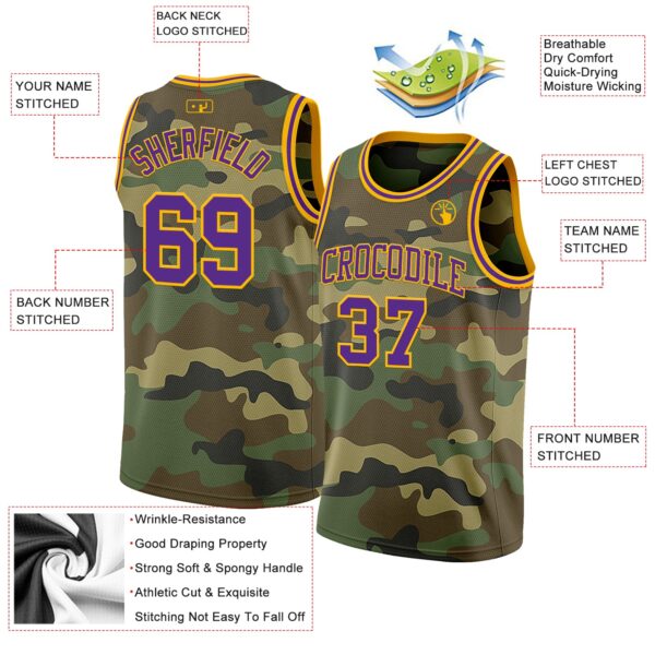 Custom Camo Purple-Gold Authentic Salute To Service Basketball Jersey