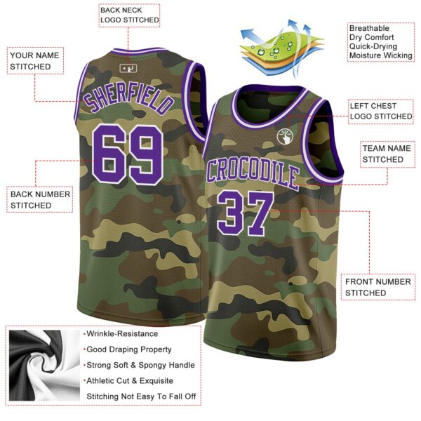 Custom Camo Purple-White Authentic Salute To Service Basketball Jersey