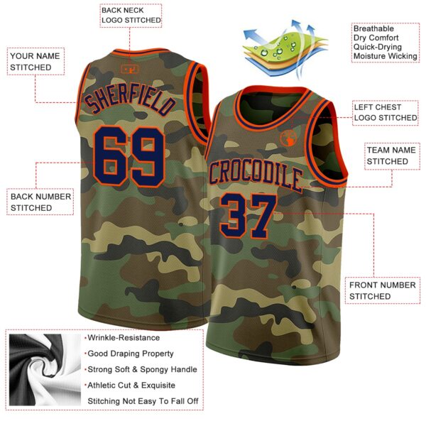 Custom Camo Navy-Orange Authentic Salute To Service Basketball Jersey