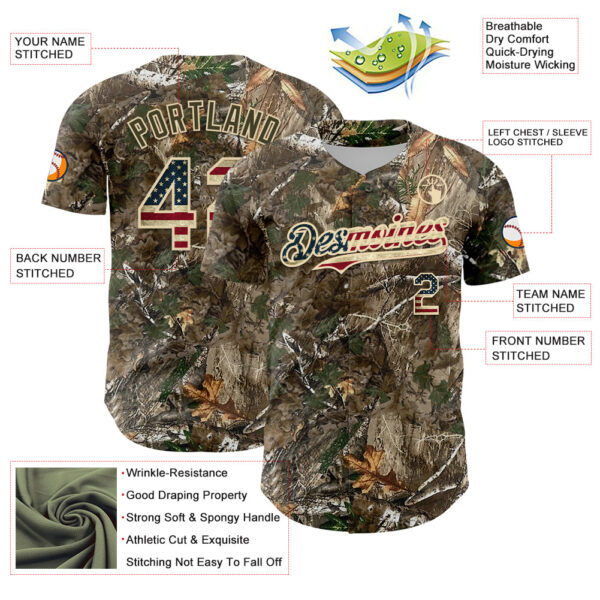 Custom Camo Vintage USA Flag-Cream 3D Woodland Camo Authentic Salute To Service Baseball Jersey