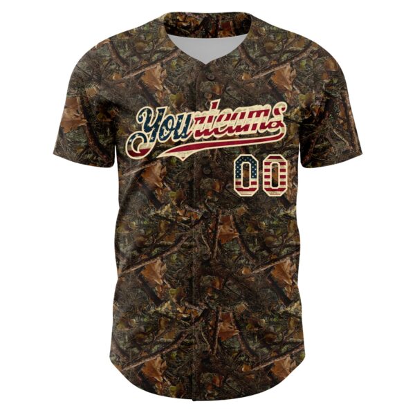 Custom Camo Vintage USA Flag-Cream 3D Woodland Camo Authentic Salute To Service Baseball Jersey