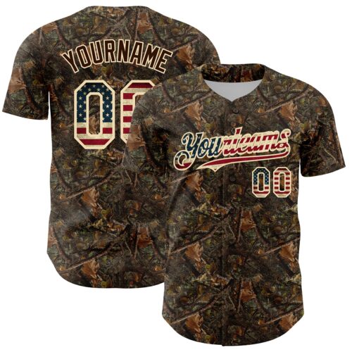 Custom Camo Vintage USA Flag-Cream 3D Woodland Camo Authentic Salute To Service Baseball Jersey