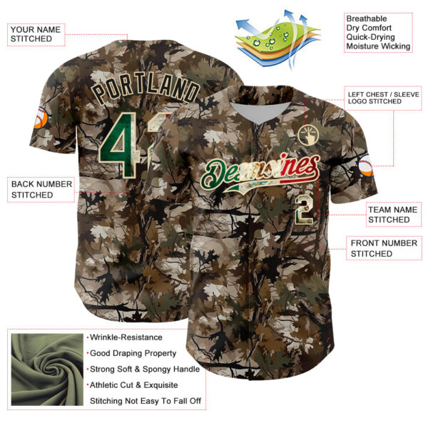 Custom Camo Vintage Mexican Flag-Cream 3D Woodland Camo Authentic Salute To Service Baseball Jersey