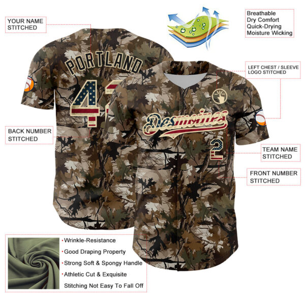 Custom Camo Vintage USA Flag-Cream 3D Woodland Camo Authentic Salute To Service Baseball Jersey