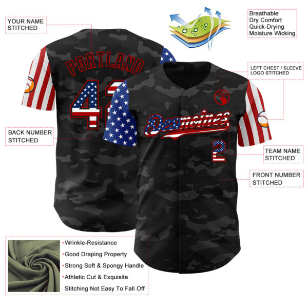 Custom Camo USA Flag Black-Red 3D Authentic Salute To Service Baseball Jersey
