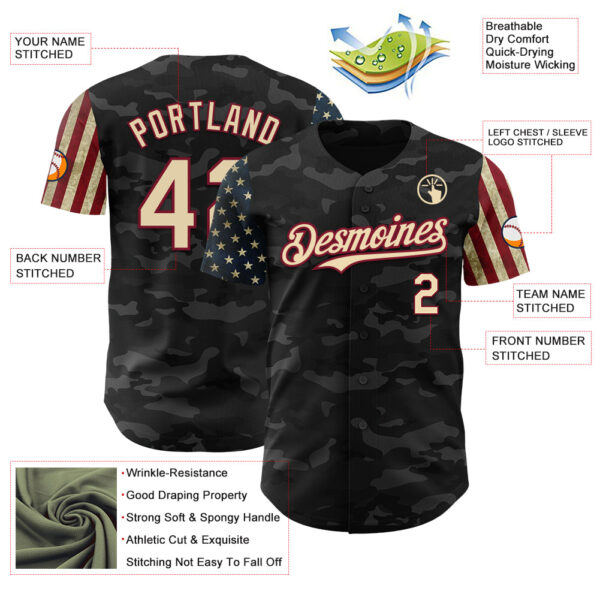 Custom Camo Cream-Crimson 3D American Flag Authentic Salute To Service Baseball Jersey