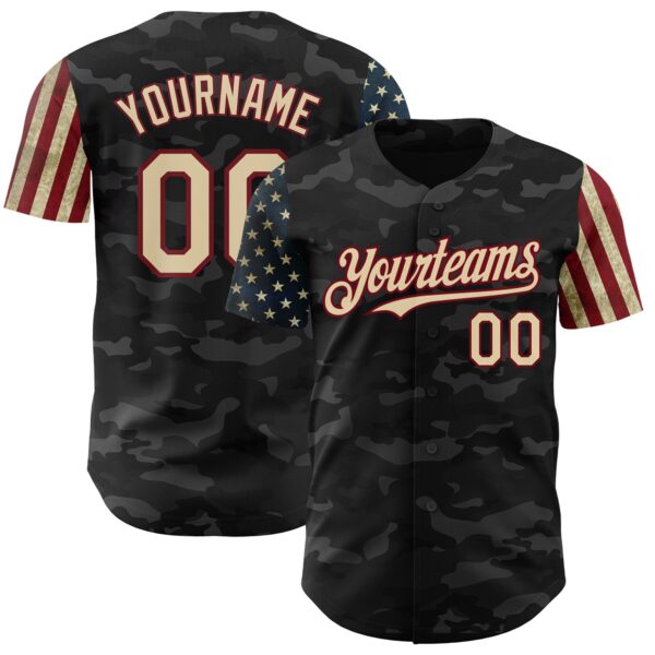 Custom Camo Cream-Crimson 3D American Flag Authentic Salute To Service Baseball Jersey