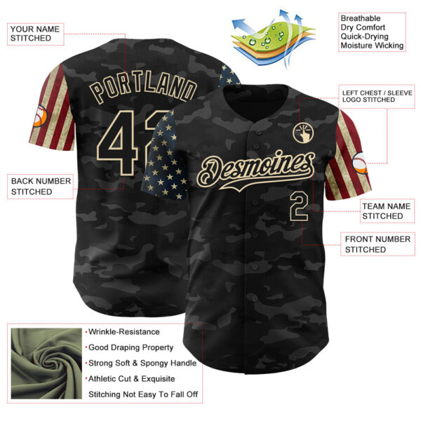 Custom Camo Black-Cream 3D American Flag Authentic Salute To Service Baseball Jersey