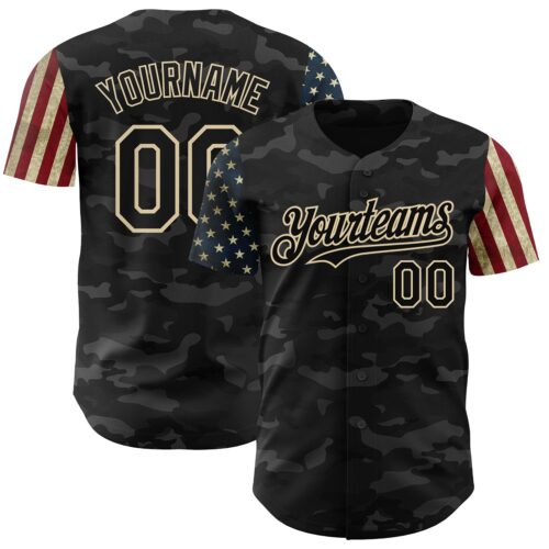 Custom Camo Black-Cream 3D American Flag Authentic Salute To Service Baseball Jersey