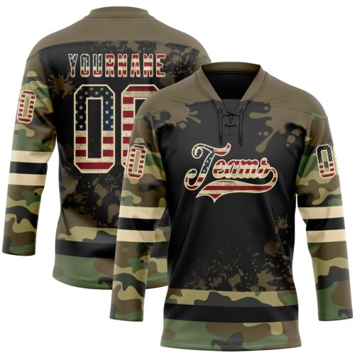 Custom Camo Vintage USA Flag Olive Black-Cream Splash Hockey Lace Neck Jersey