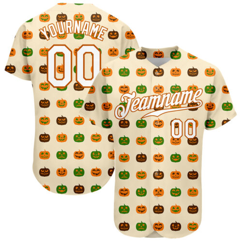 Cream0126 Custom Cream White-Texas Orange 3D Pattern Design Halloween Pumpkins Authentic Baseball Jersey